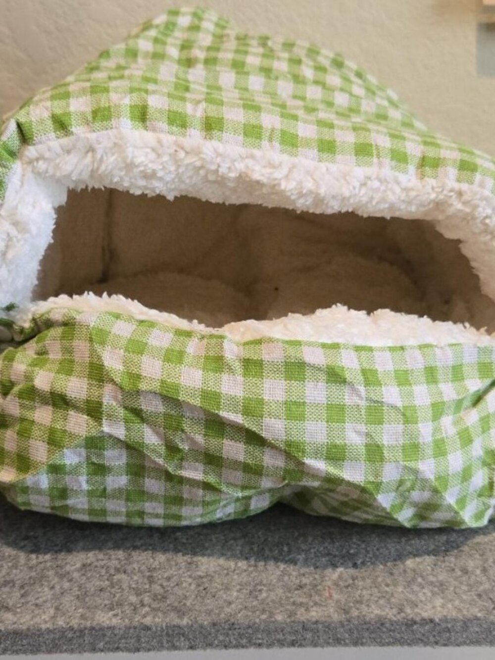 Green Gingham Plush Covered Cave Pet Bed Small Animal Cave Bed Hideaway